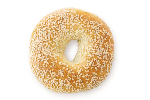 A close up of a sesame seed bagel, viewed from above. Isolated on white with a drop shadow.