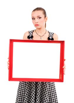Attractive woman holding empty poster on isolated white