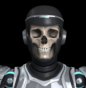 A Skelton that is wearing futuristic armour.