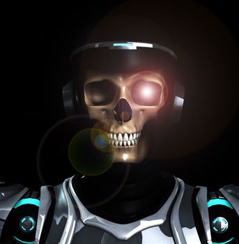 A Skelton that is wearing futuristic armour.