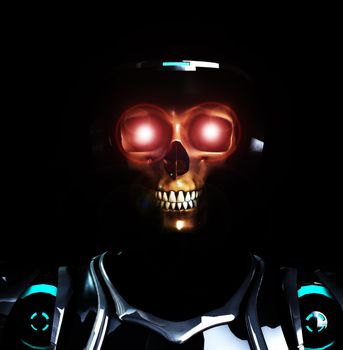 A Skelton that is wearing futuristic armour.