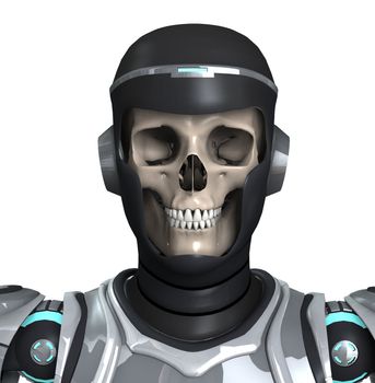 A Skelton that is wearing futuristic armour.