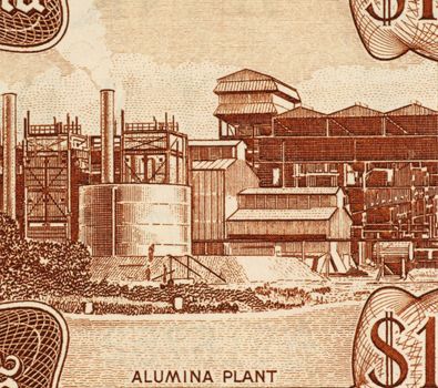 Aluminium Plant on 10 Dollars 1992 Banknote from Guyana.