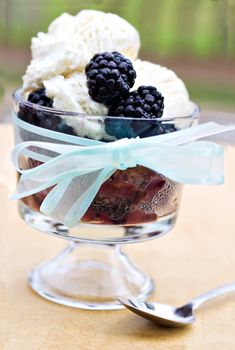 Blackberry cobbler topped with french vanilla ice cream and fresh large berries. 