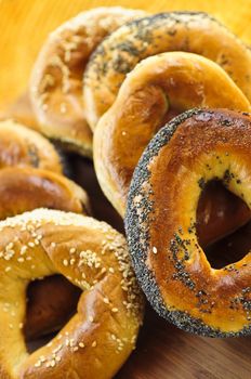 Variety of fresh Montreal style bagels close up