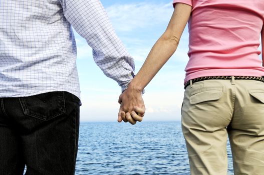 Mature romantic couple holding hands on the beach