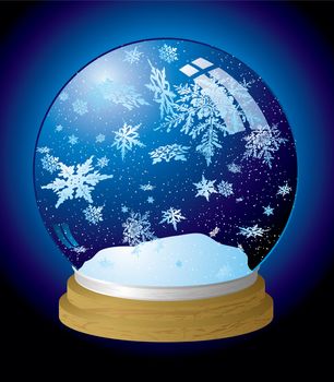 Illustrated snow globe with a wooden base and outer glow