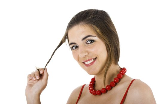 Portrait of a beautiful Young woman smiling and grabbing his hair