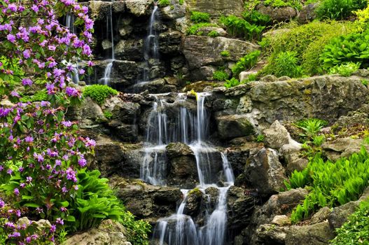 Cascading waterfall in japanese garden in springtime