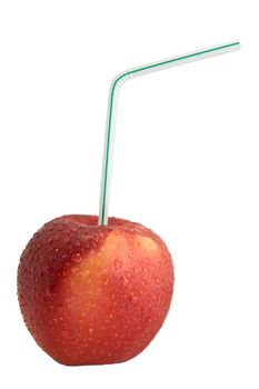 Red Apple with Drinking Straw. Juice concept