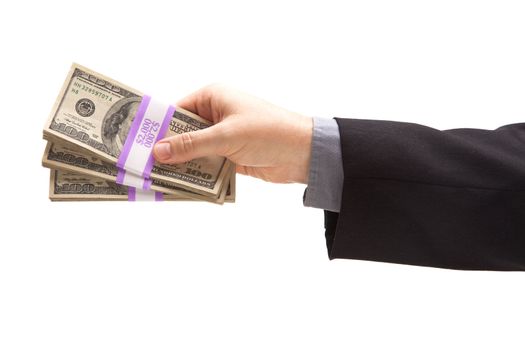 Man Handing Over Hundreds of Dollars Isolated on a White Background.