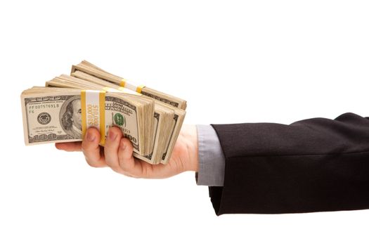 Man Handing Over Hundreds of Dollars Isolated on a White Background.