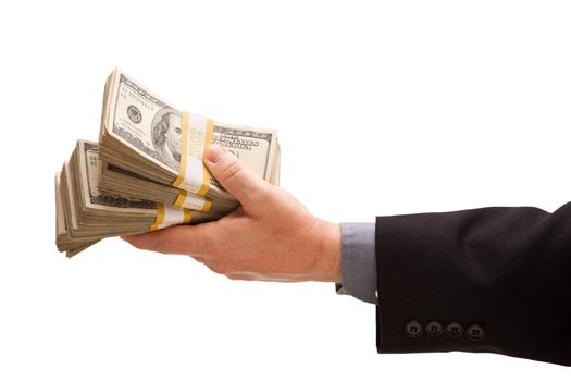 Man Handing Over Hundreds of Dollars Isolated on a White Background.