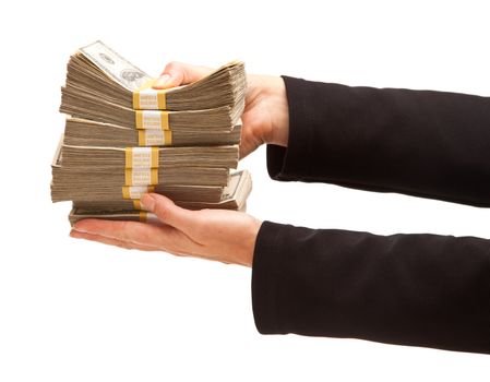 Woman Handing Over Hundreds of Dollars Isolated on a White Background.