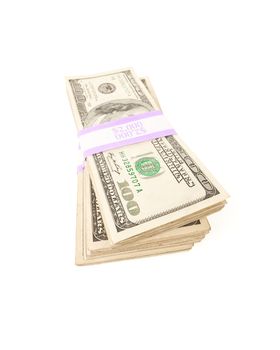 Stacks of Two Thousand Dollar Piles of One Hundred Dollar Bills Isolated on a White Background.
