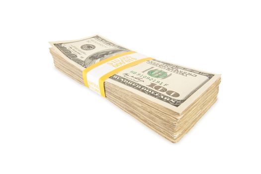 Stack of Ten Thousand Dollar Pile of One Hundred Dollar Bills Isolated on a White Background.
