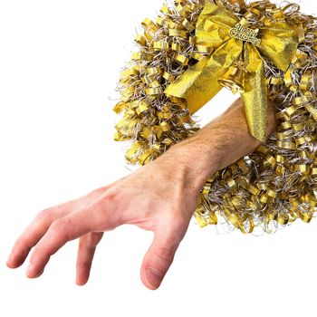 Hand put out from a Christmas wreath on a white background