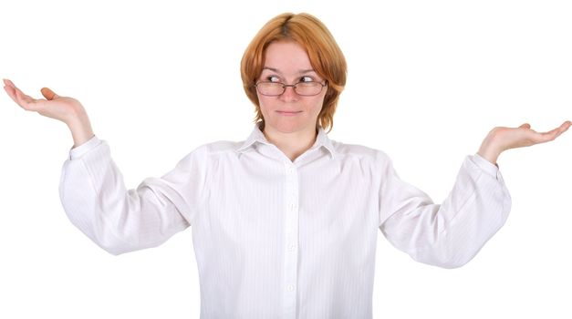 The woman in a white suit on a white background