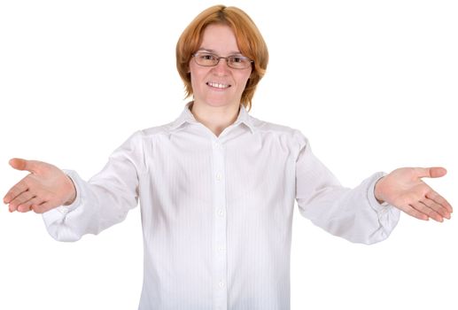 The woman in a white suit on a white background