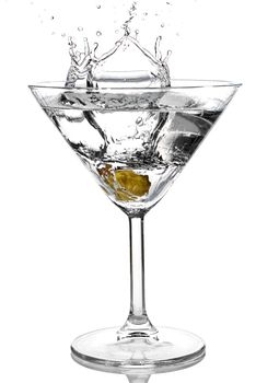 Olive splash into cocktail on white background