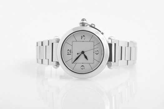 front view of luxury watch, silver and black