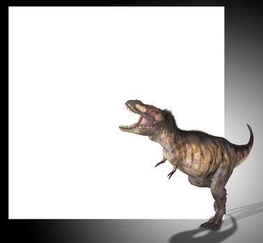 A Tyrannosaurus Rex in a menacing pose, with a blank customisable space.