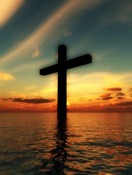 The cross of Jesus in a tranquil ocean seascape.


