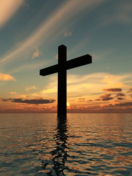 The cross of Jesus in a tranquil ocean seascape.

