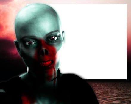 A Zombie with a blank customisable sign. For Halloween concepts.