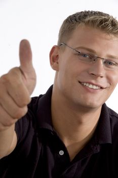 male wishing good luck with white background