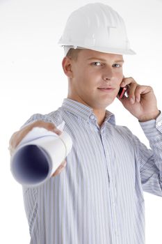 architect showing blueprint and talking on mobile with white background