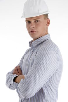 side view of young architect with white background