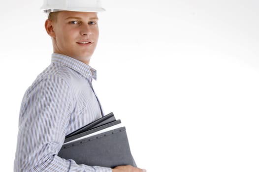 side view of architect with documents on an isolated background