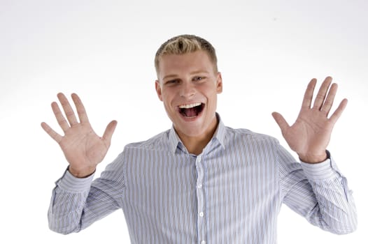 shouting man showing his palms on an isolated white background