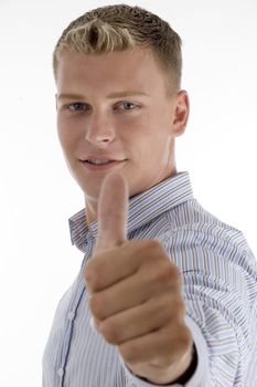caucasian man showing thumb with white background