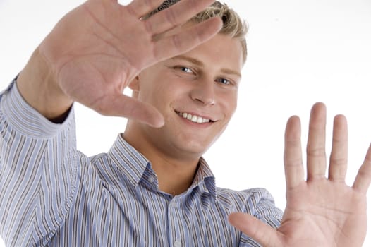 happy man showing his palms against white background