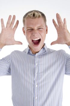 young male shouting on an isolated white background