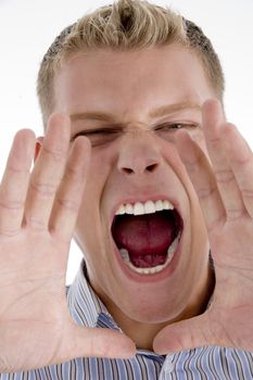 close up of shouting man with white background