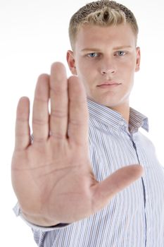 man instructing to stop with white background