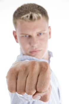 white male giving punch with white background