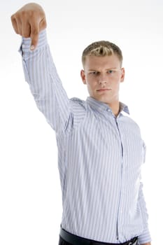 american man pointing downward with white background