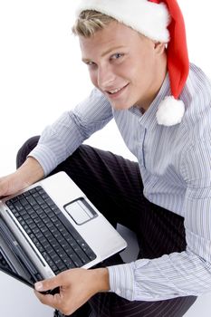 smiling man with laptop with white background