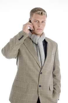 handsome businessman talking on cell phone isolated with white background