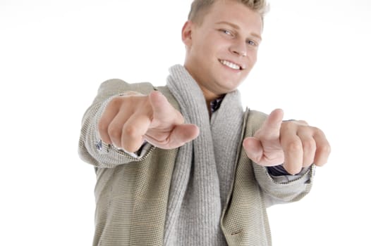smart american pointing with both hands against white background
