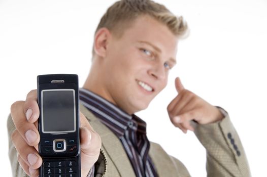 male showing his cell phone and gesturing isolated on white background