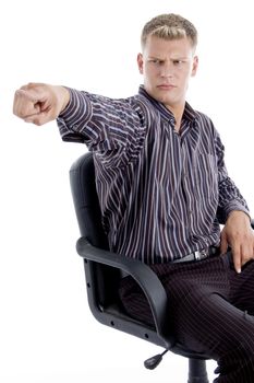 young american pointing angrily on an isolated white background