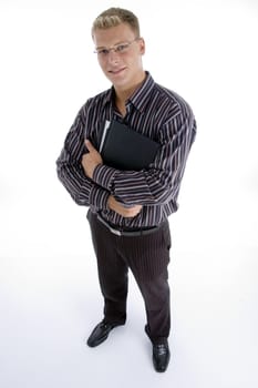 full body pose of business executive against white background