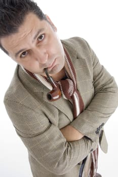 man looking you with cigar against white background