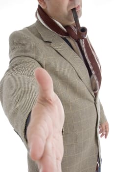 man offering shake hand on an isolated white background