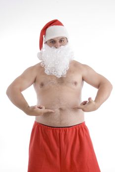 santa clause pointing his stomach with white background